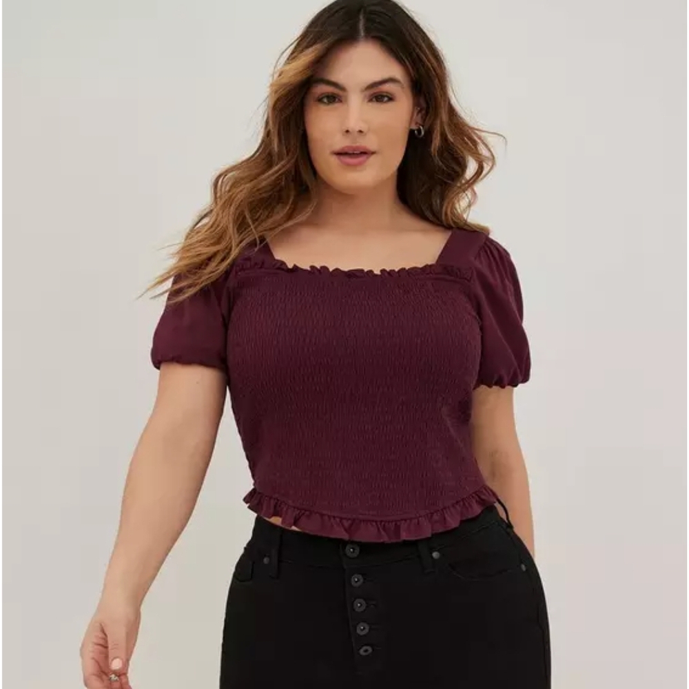 Torrid Stretch Challis Smocked Puff Sleeve Crop Top